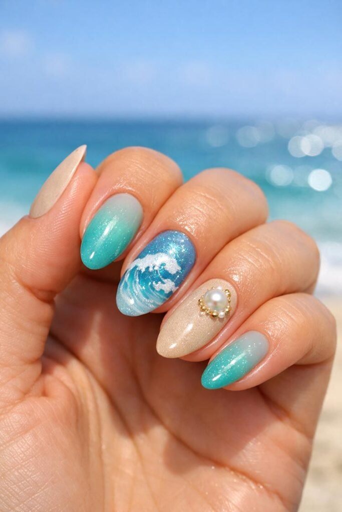 Detailed Wave Accent Medium Almond Nails Detailed Wave Accent Medium Almond Nails — Easy Wave Nails