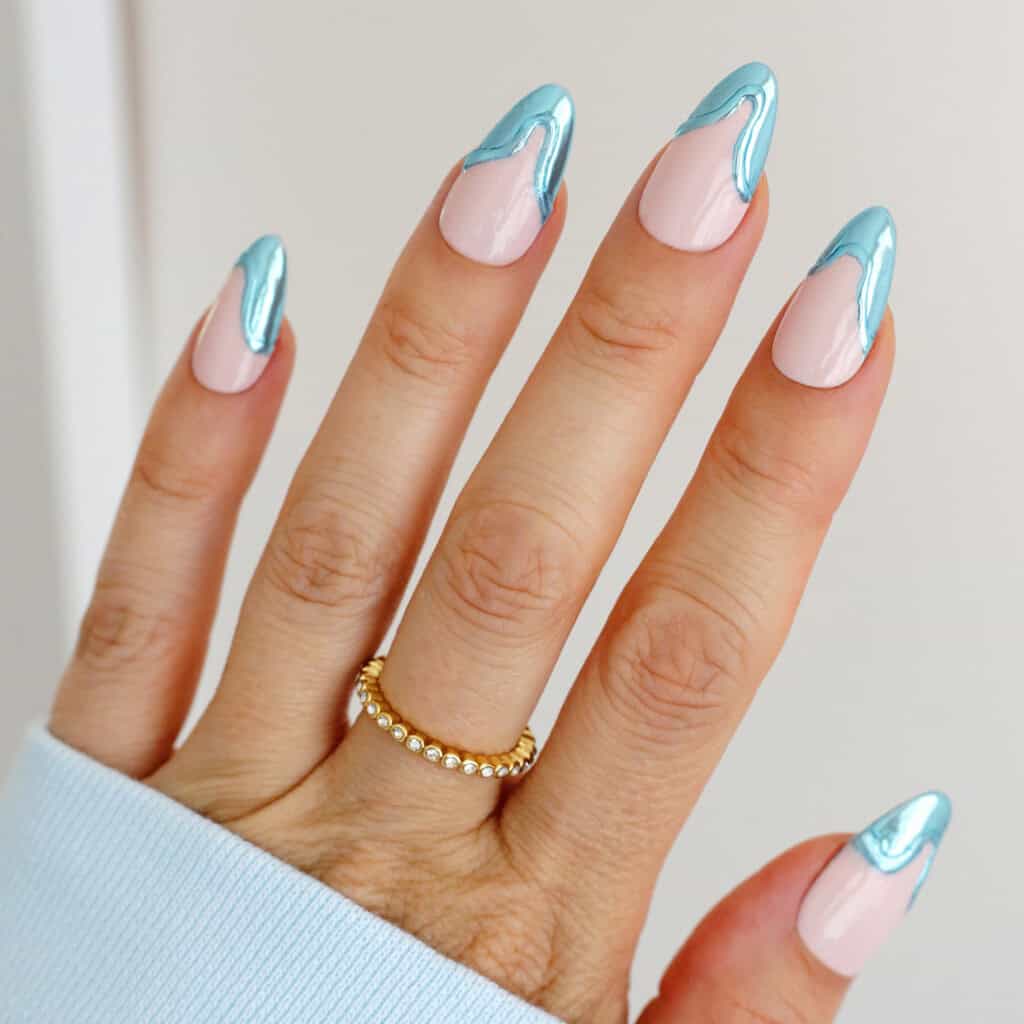 Metallic Light Blue Wavy Lines Long Almond Nails Metallic Light Blue Wavy Lines Long Almond Nails — Easy Wave Nails