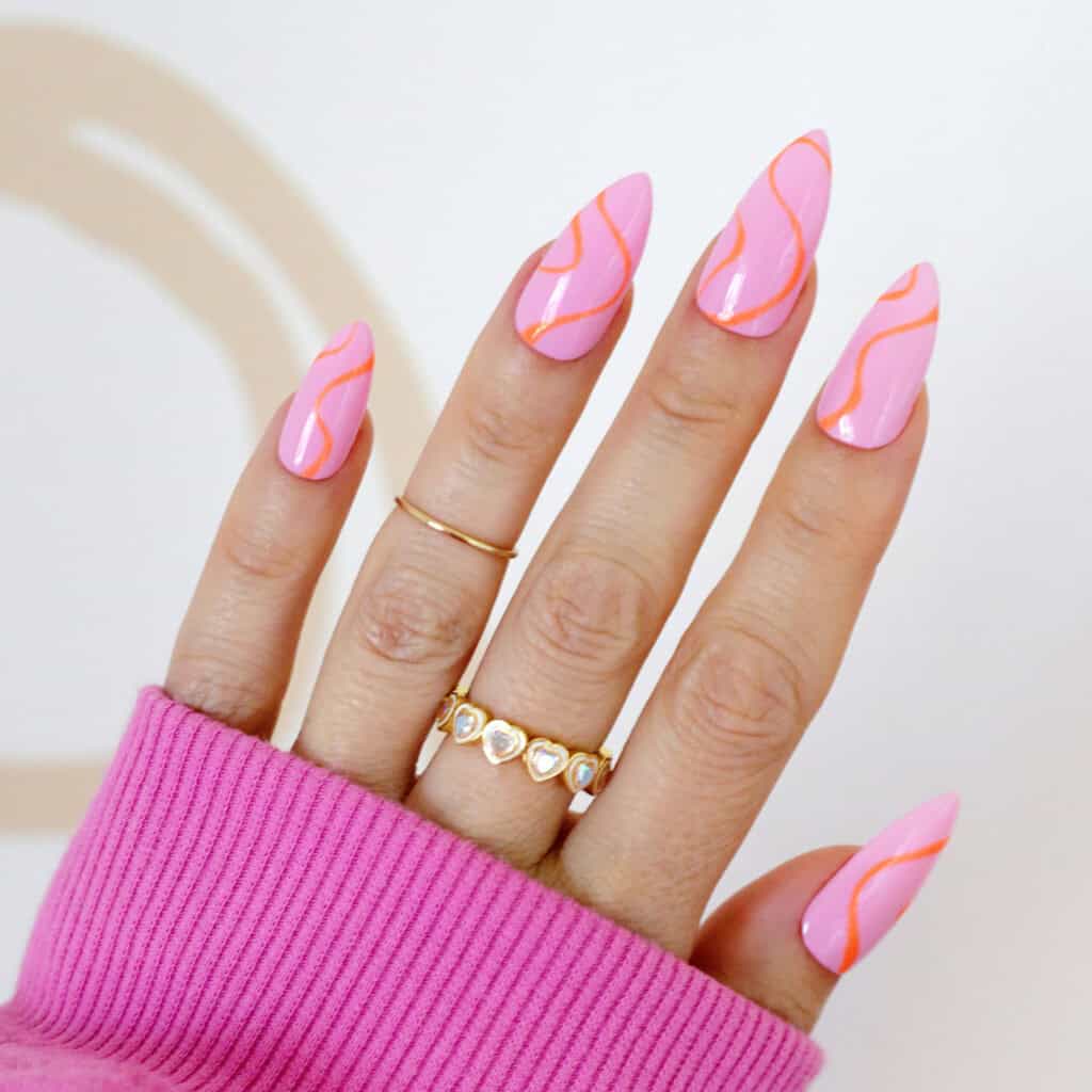 Orange Wavy Lines Pink Long Almond Nails Orange Wavy Lines Pink Long Almond Nails — Easy Wave Nails