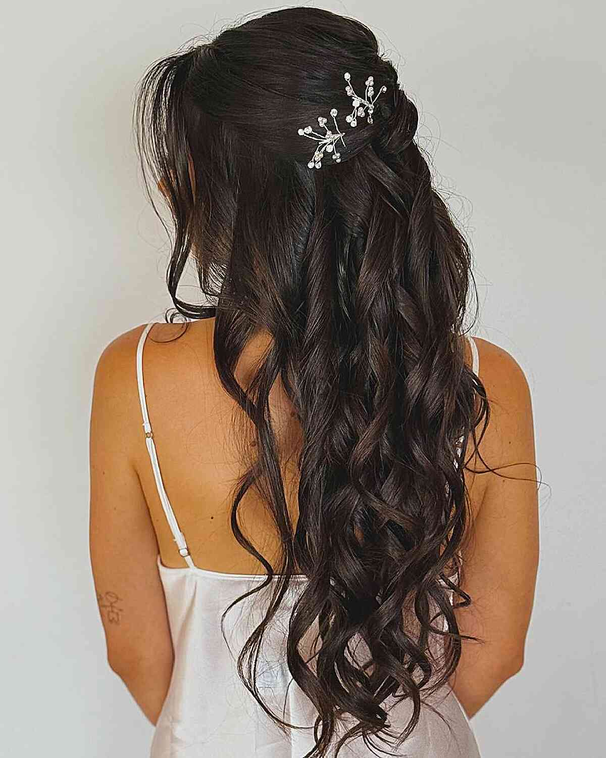 Dark Brown Half Up Half Down With Braid and Pearls — Easy Wedding Hairstyles for Long Hair