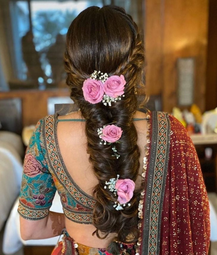Dark Brown Fishtail Braid With Pink Roses — Easy Wedding Hairstyles for Long Hair