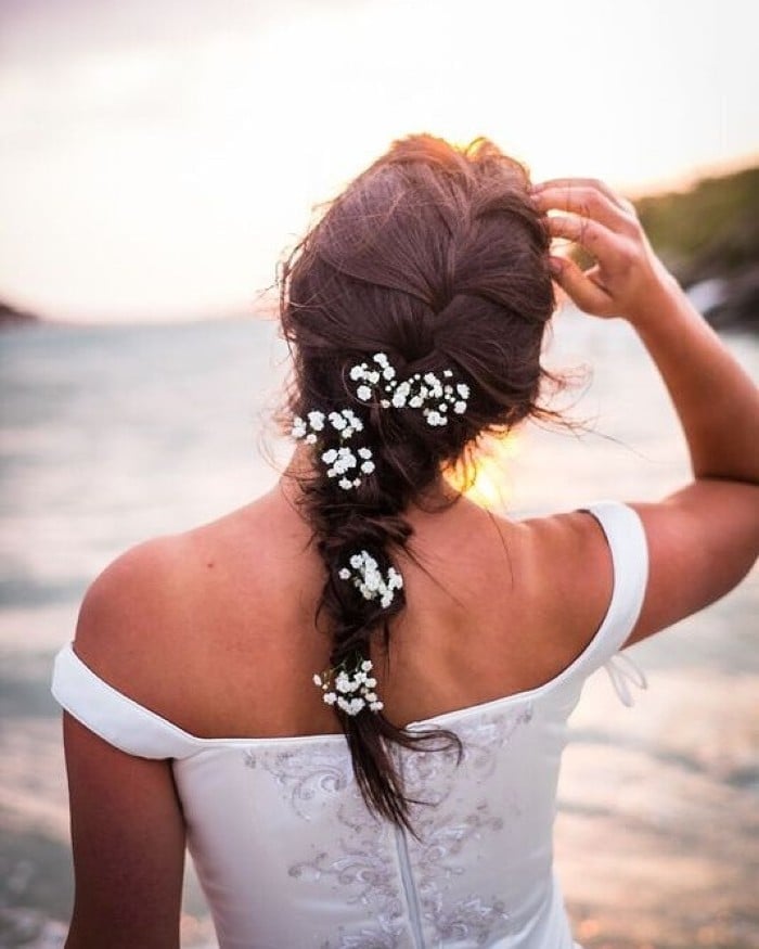 Dark Brown Loose Braid With Baby's Breath — Easy Wedding Hairstyles for Long Hair