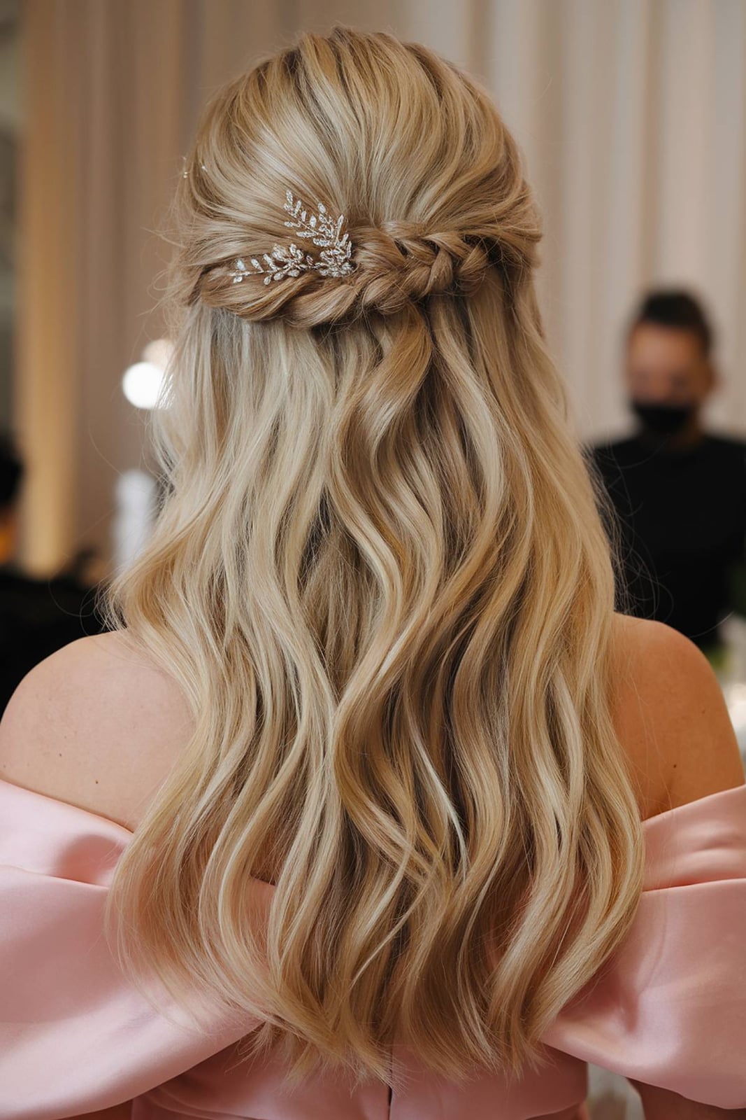 Blonde Half Up Half Down With Braided Crown, Office-Safe Version — Easy Wedding Hairstyles for Long Hair