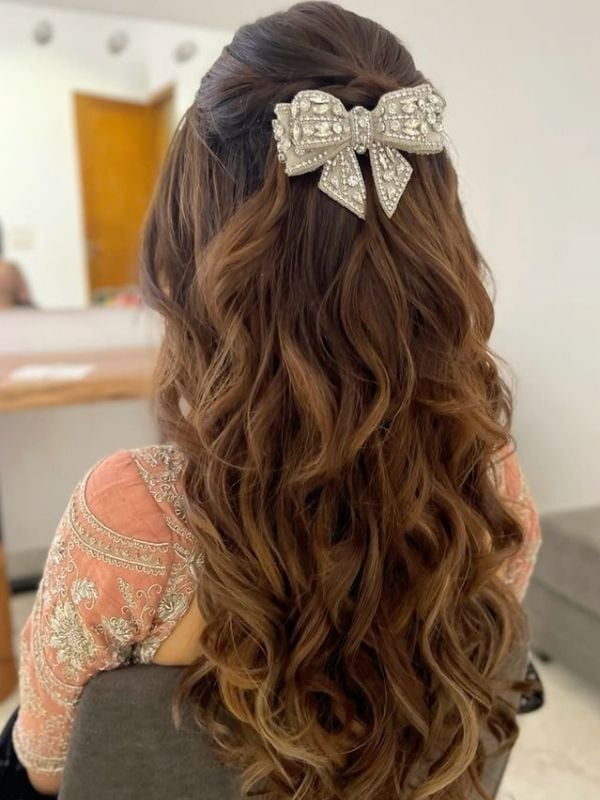 Dark Brown Half Up Half Down With Jeweled Bow, Mid-Back — Easy Wedding Hairstyles for Long Hair