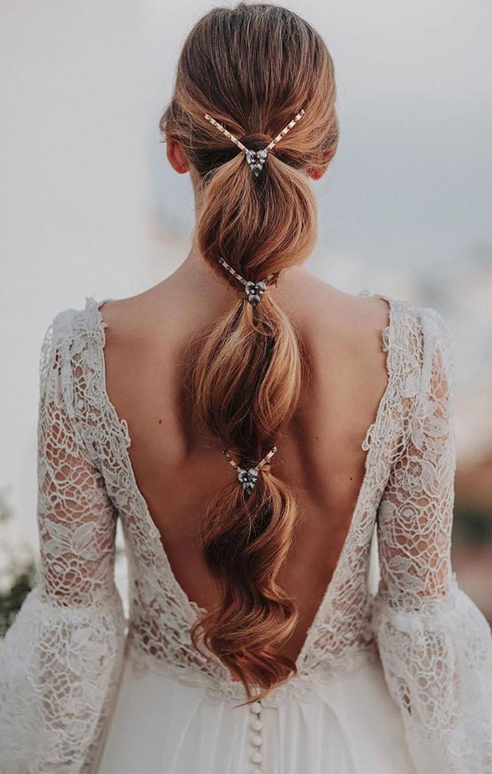 Reddish-Brown Bubble Ponytail With Decorative Pins — Easy Wedding Hairstyles for Long Hair