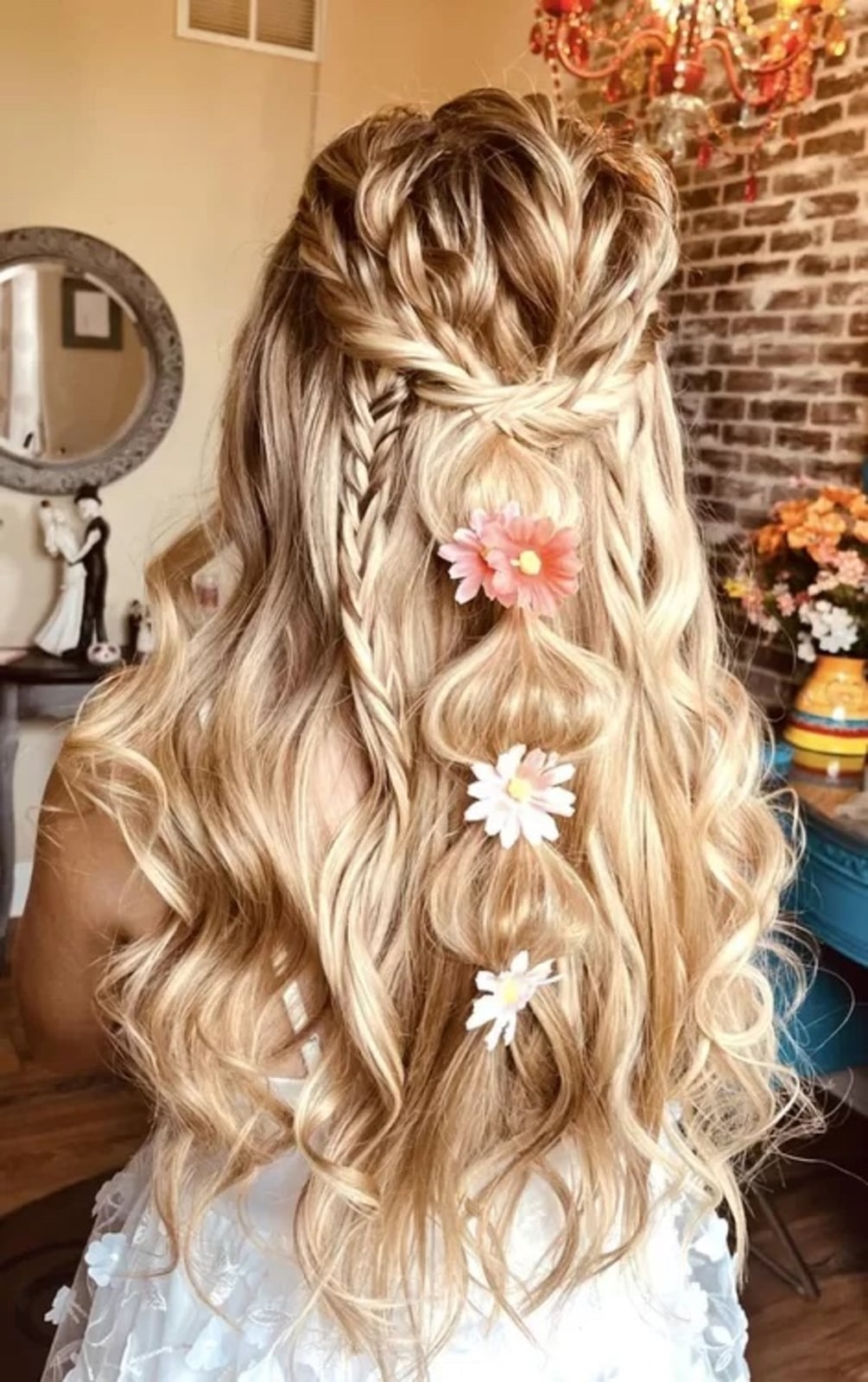 Ash Blonde Half Up Braided Updo With Flowers, Mid-Back — Easy Wedding Hairstyles for Long Hair