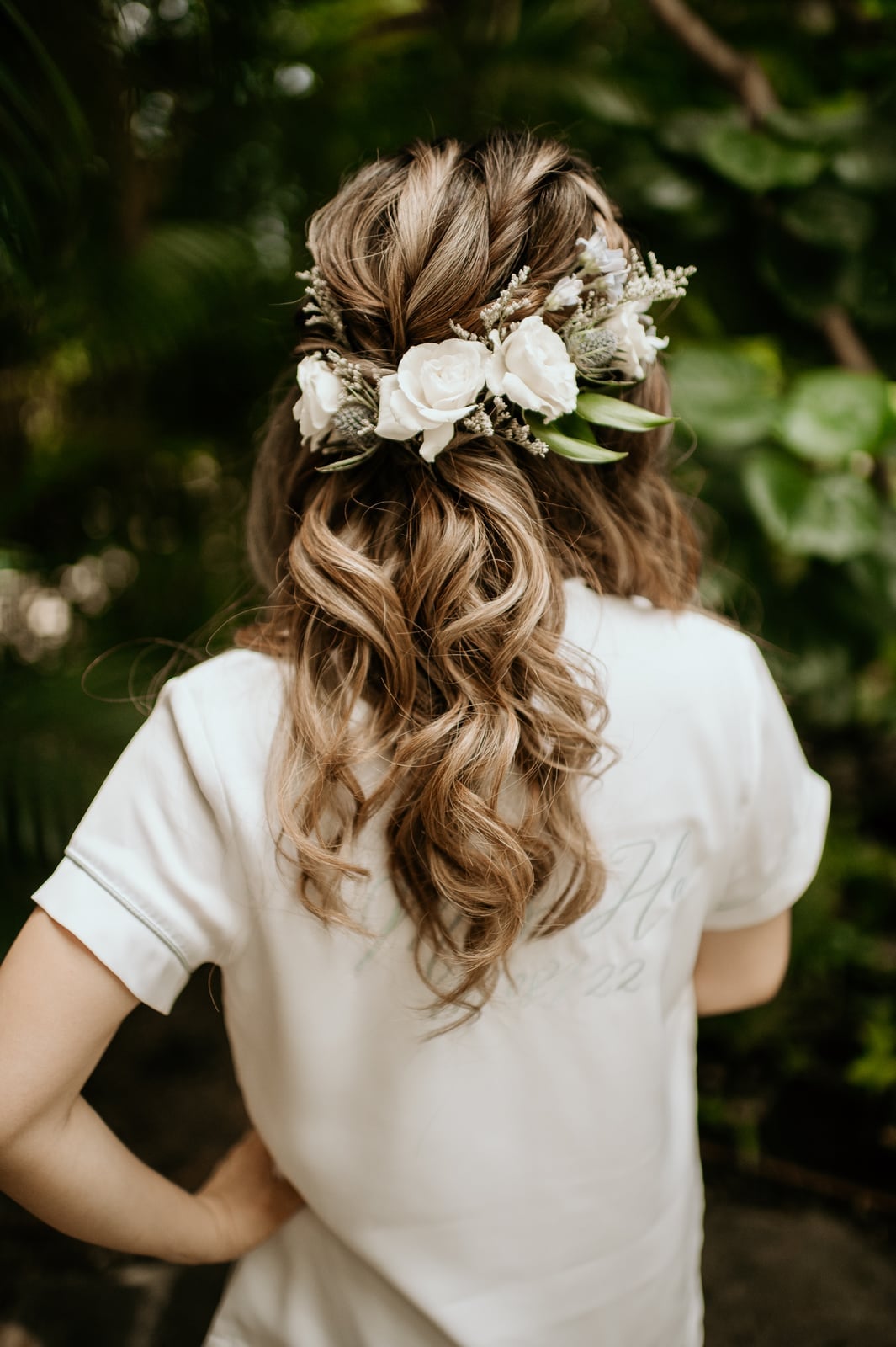 Light Brown Half Up Half Down With Floral Arrangement — Easy Wedding Hairstyles for Long Hair