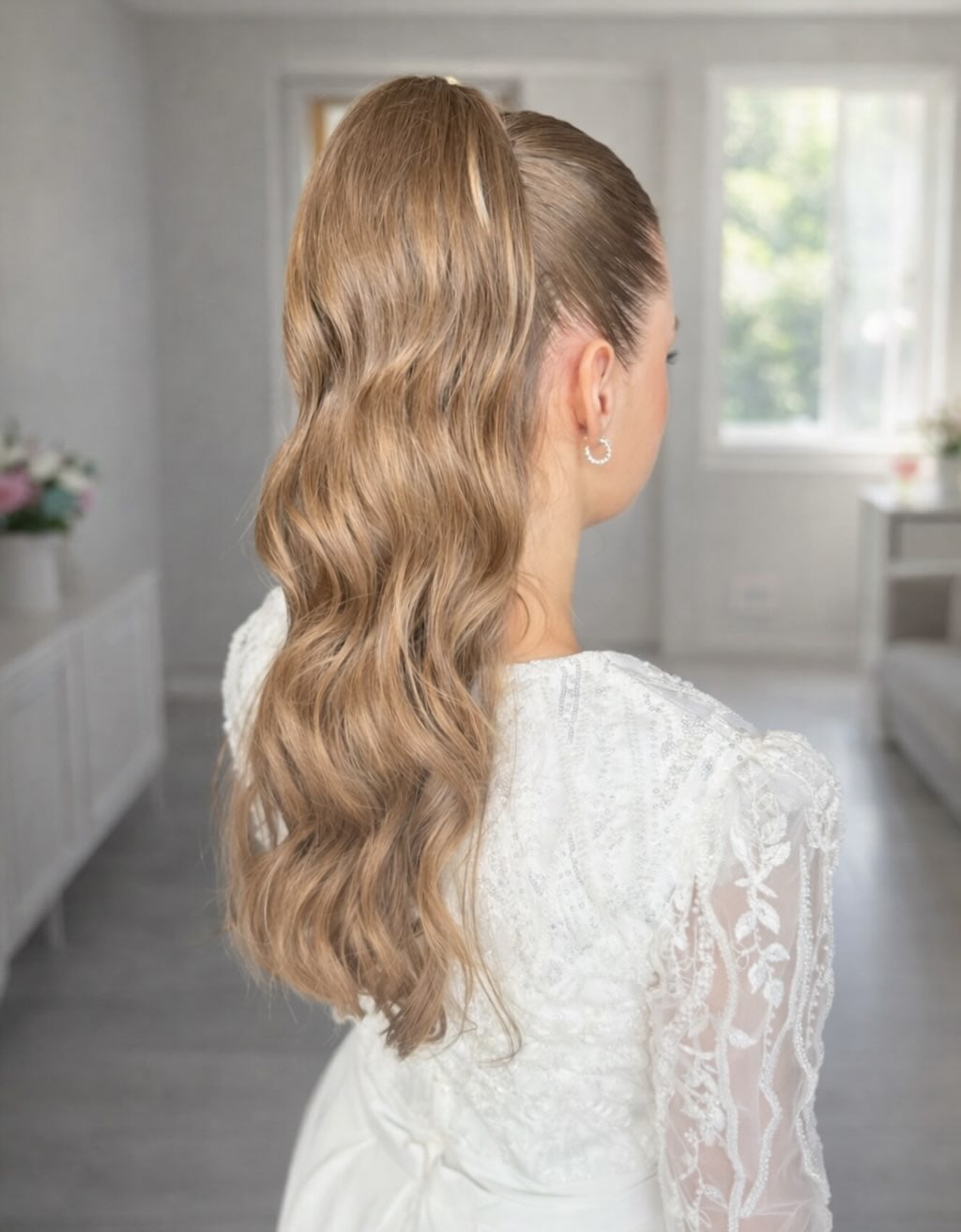 Ash Blonde Sleek High Ponytail With Voluminous Waves — Easy Wedding Hairstyles for Long Hair