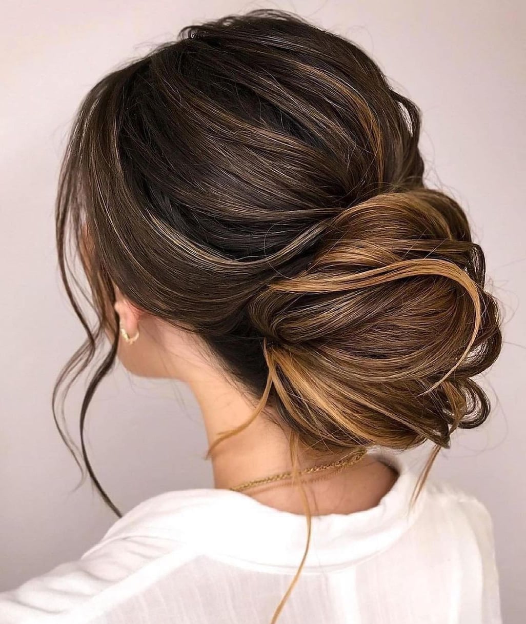 Dark Brown Messy Low Bun With Face Framing Pieces — Easy Wedding Hairstyles for Long Hair