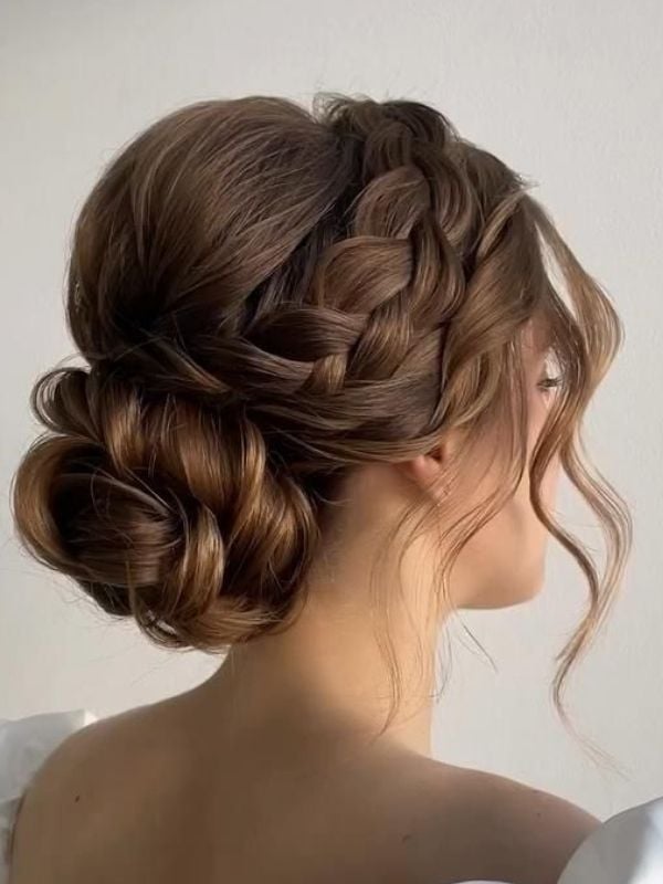Medium Brown Low Bun With Braided Accents — Easy Wedding Hairstyles for Long Hair