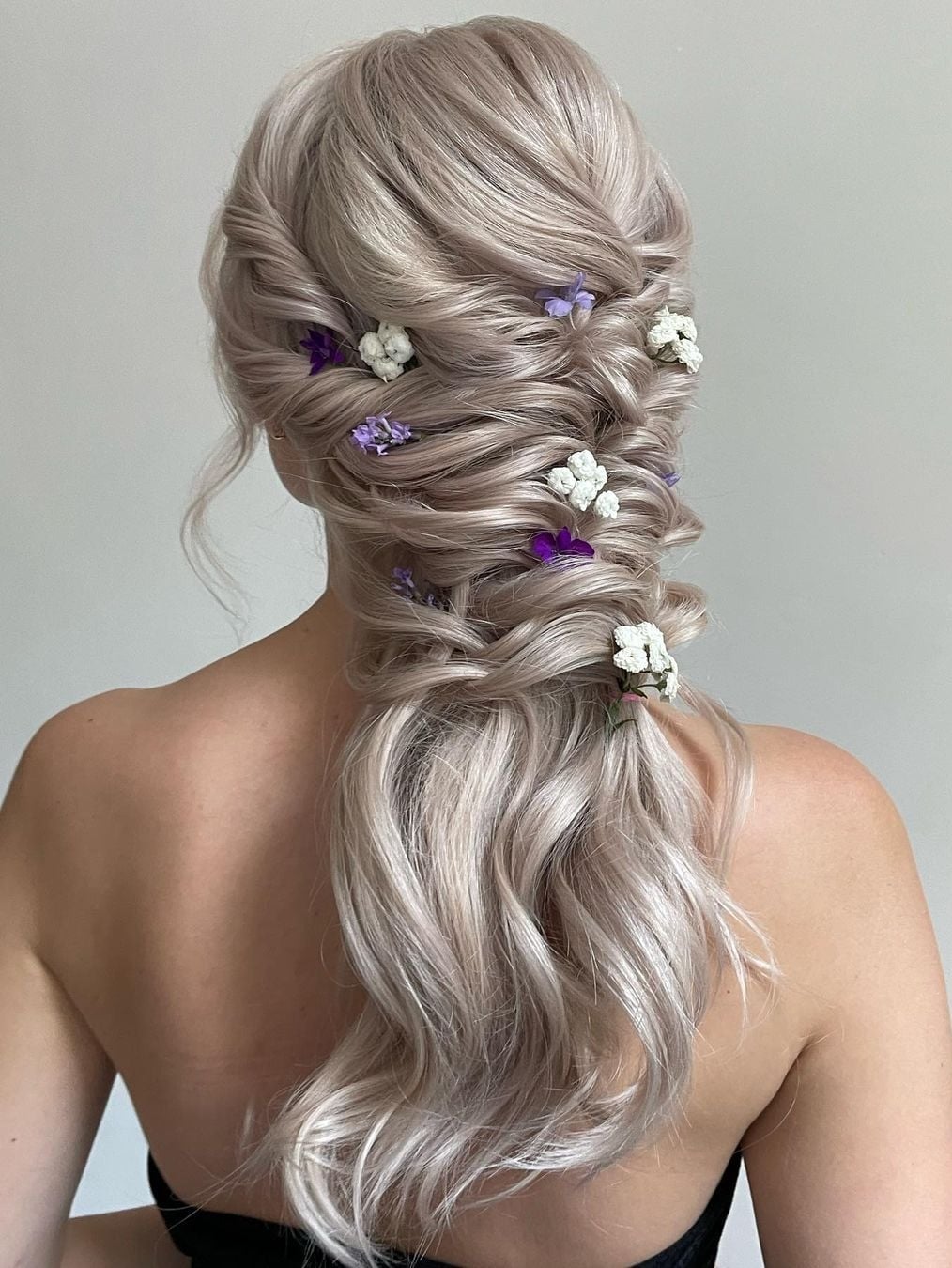 Ash Blonde Braided Side Style With Flowers — Easy Wedding Hairstyles for Long Hair