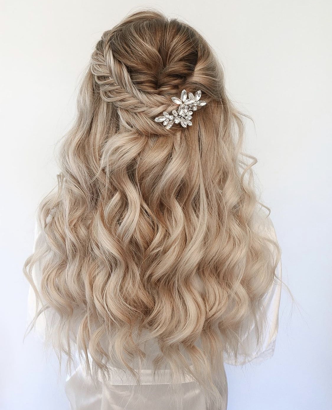 Ash Blonde Twisted Half Up Half Down With Accessory, Mid-Back — Easy Wedding Hairstyles for Long Hair