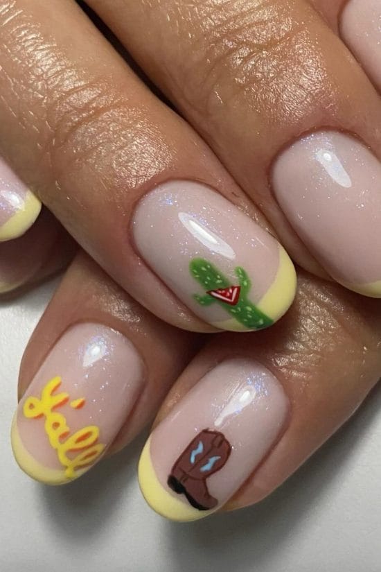 Short Almond Pastel Pink With Cactus And Boot Art — Easy Western Nails