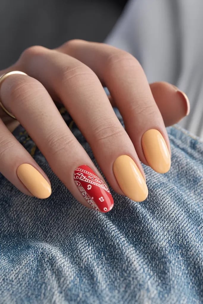 Medium Oval Yellow With Red Bandana Print — Easy Western Nails