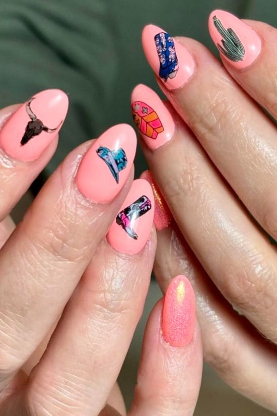 Medium Oval Bright Pink With Western Graphics — Easy Western Nails