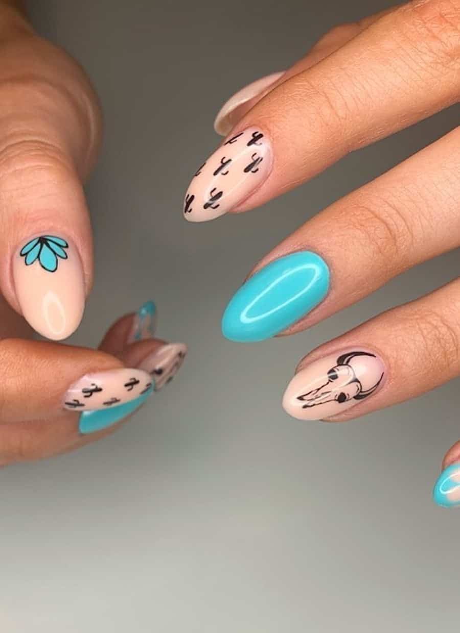 Medium Oval Nude And Turquoise With Cactus Skull — Easy Western Nails