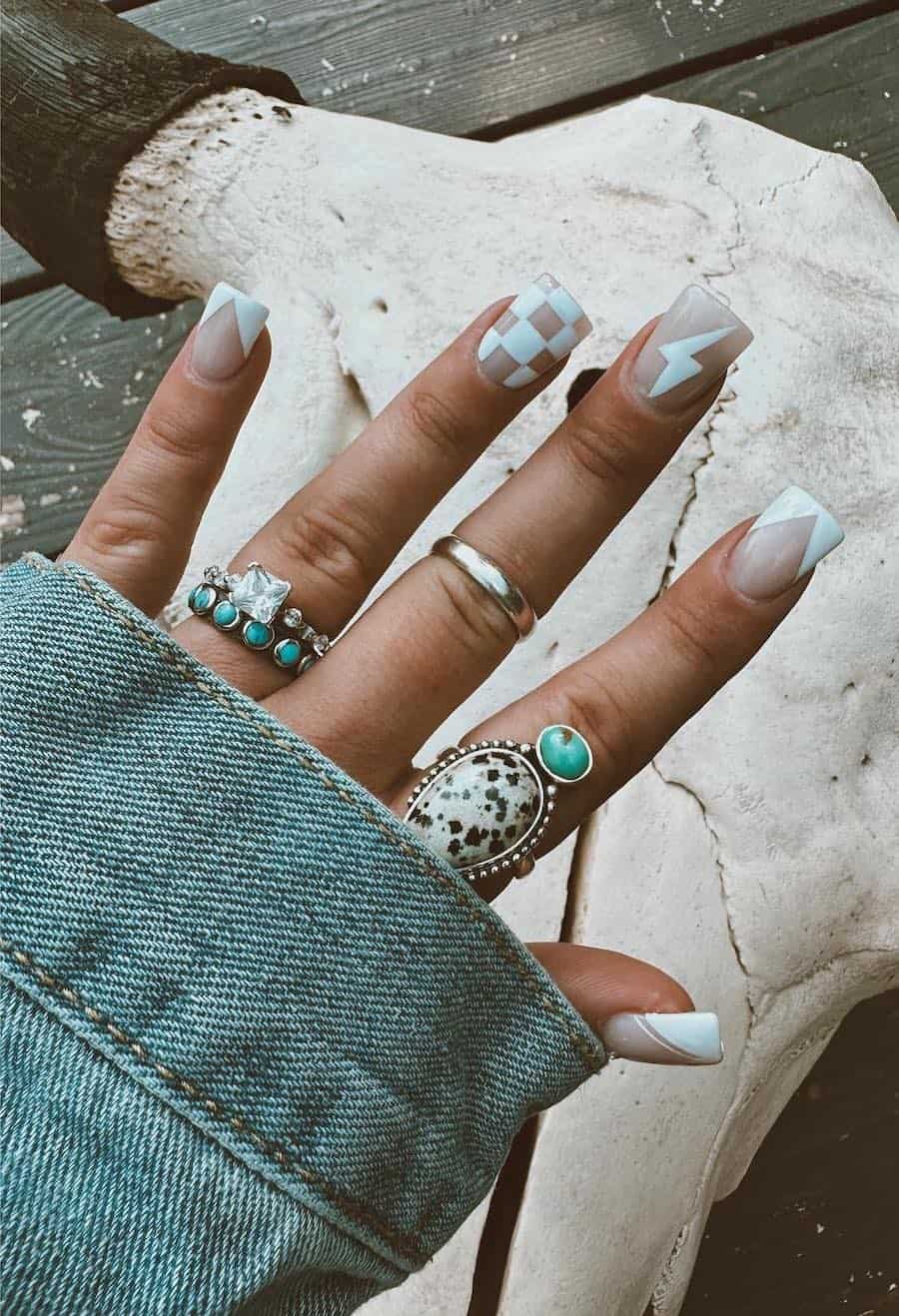 Medium Square French Tips With Western Patterns — Easy Western Nails