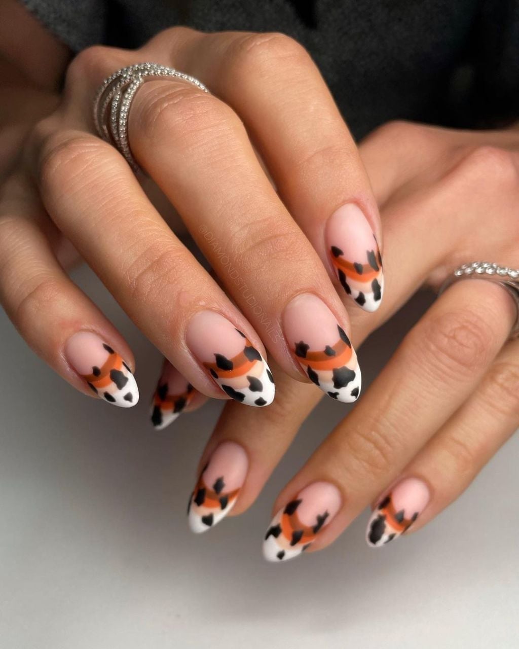 Medium Almond French Tips With Cow Print — Easy Western Nails