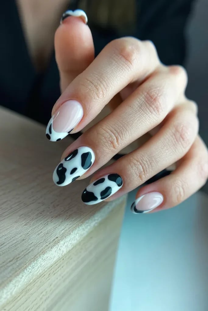 Medium Almond French Tips With Black Cow Print and натуральный розовый — Easy Western Nails