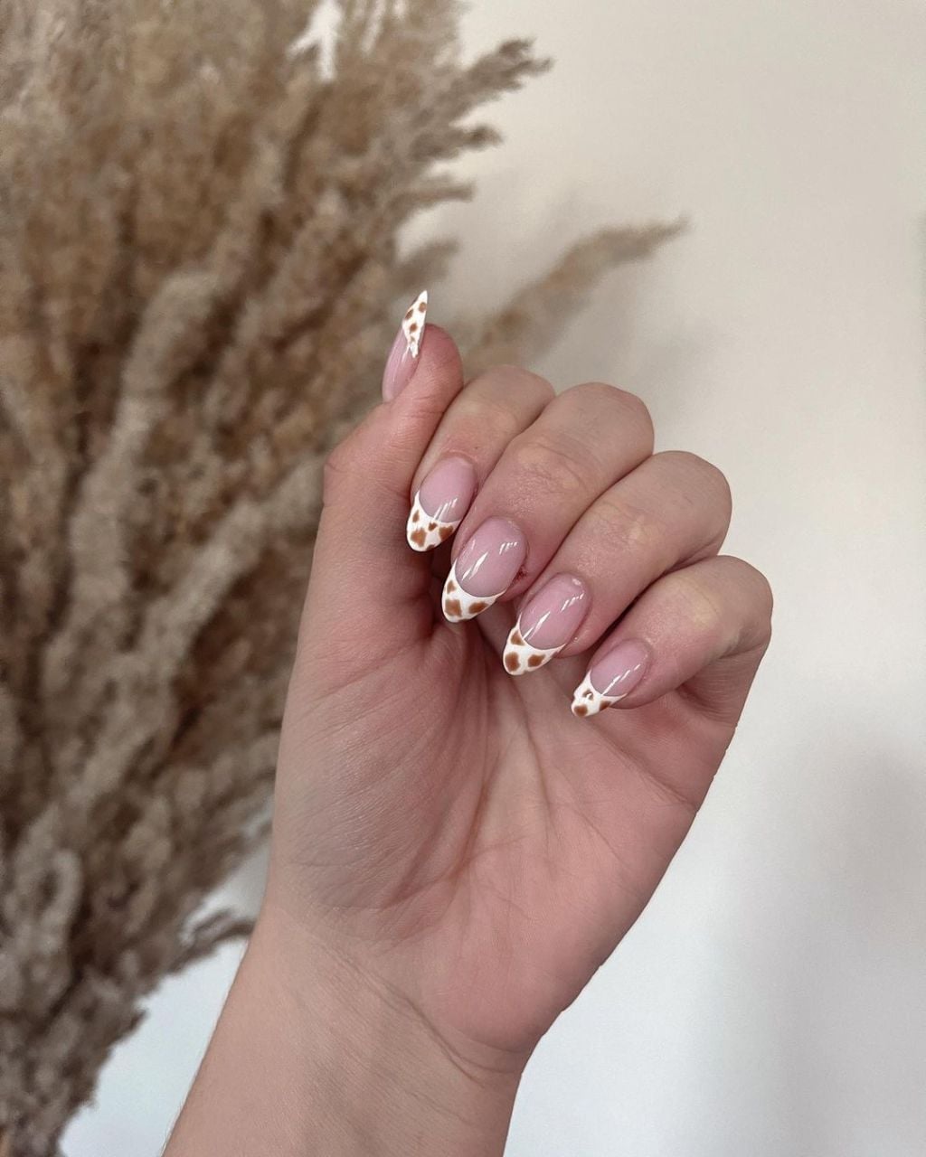 Long Oval French Tips With Brown Cow Print — Easy Western Nails