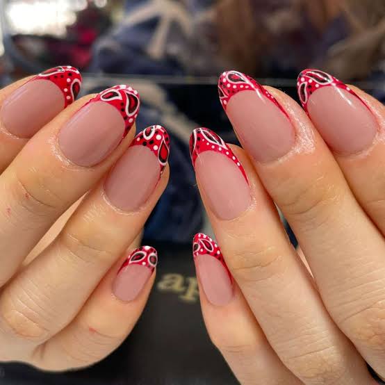 Medium Oval Nude With Bandana French Tips — Easy Western Nails