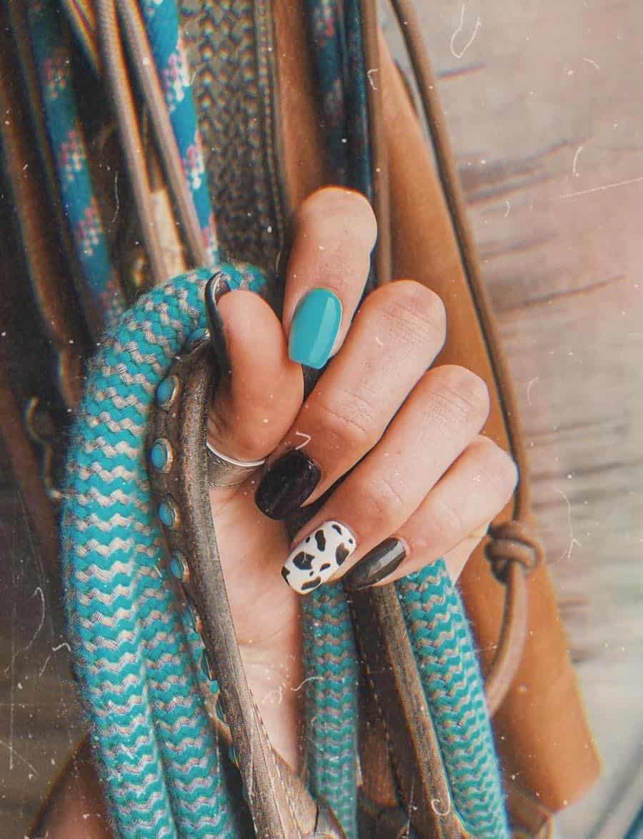 Medium Almond Turquoise And Cow Print Nails, Glossy — Easy Western Nails