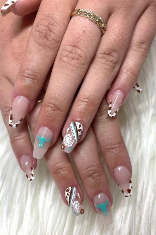 Long Coffin With Cow Print Bandana Tips — Easy Western Nails