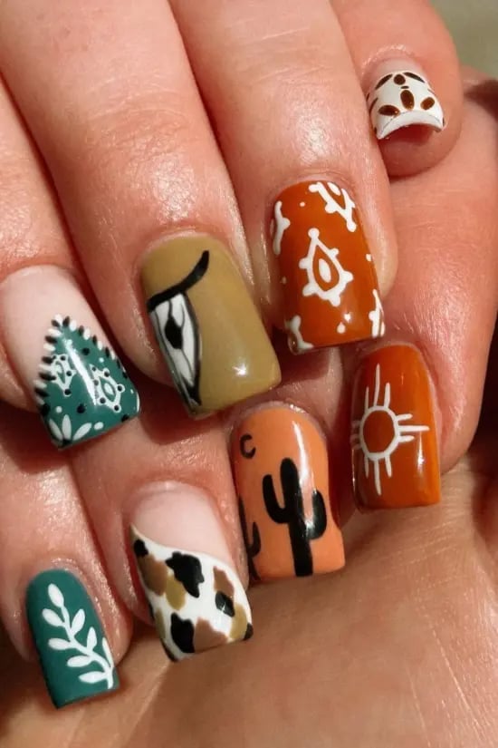 Medium Square Mixed Finish Western Motifs — Easy Western Nails