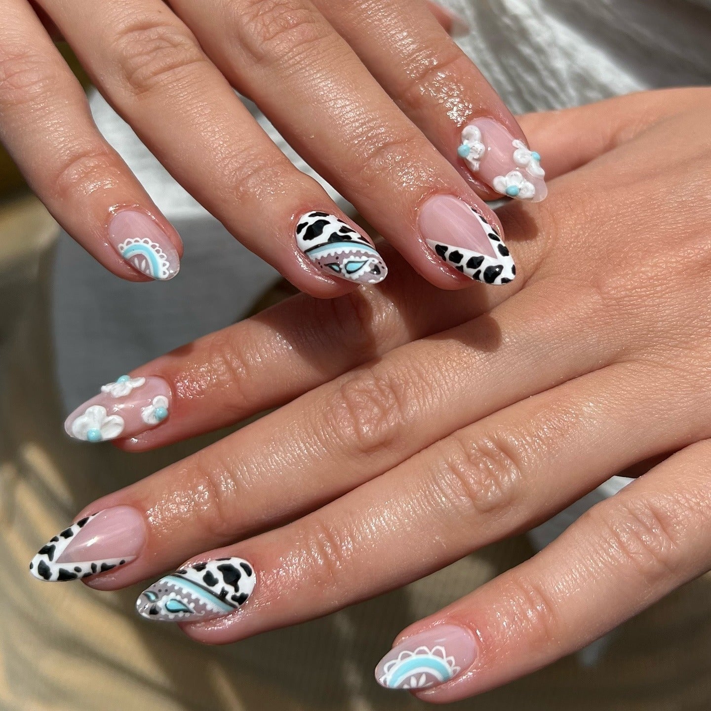 Medium Almond Mixed Western Patterns — Easy Western Nails