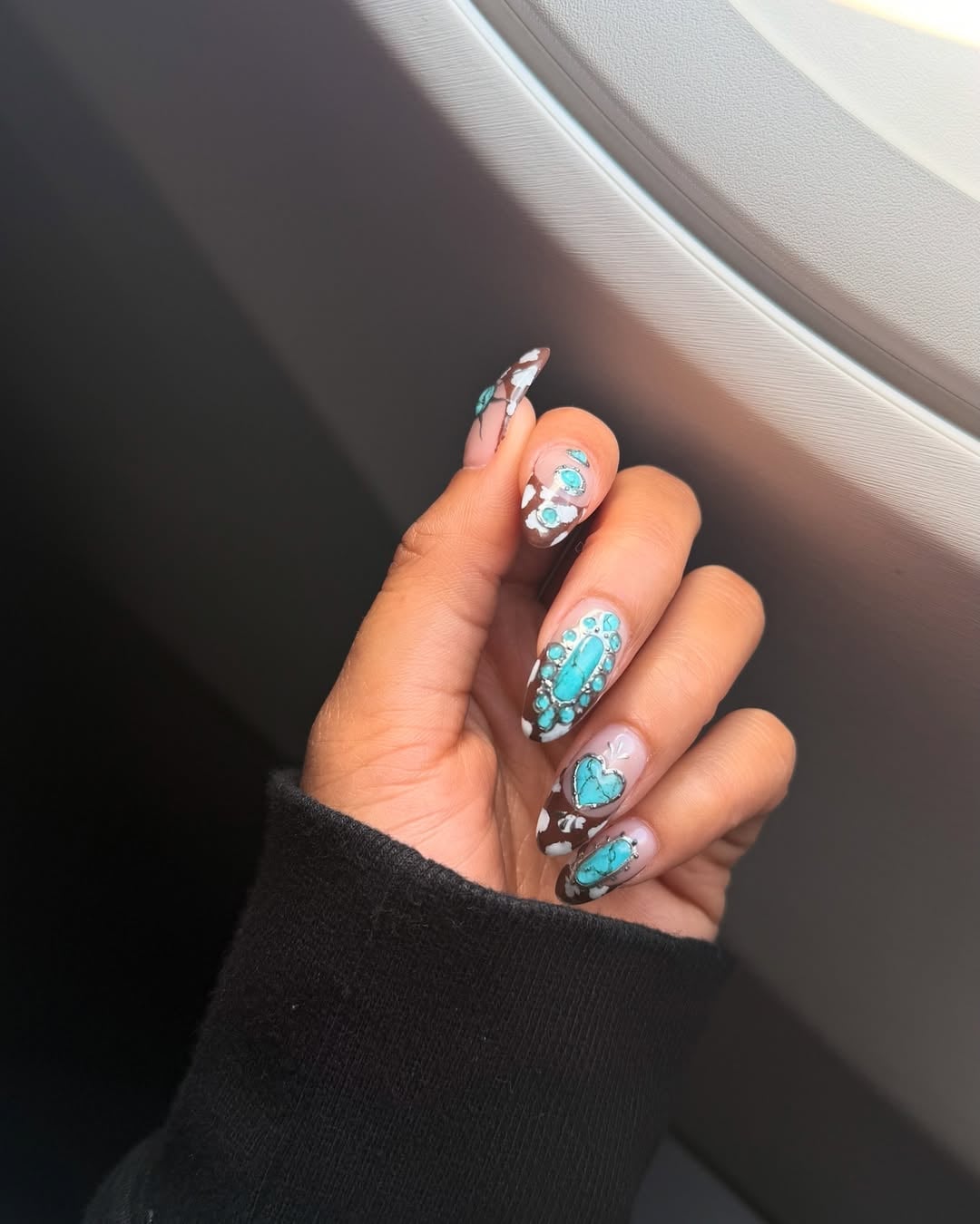 Long Almond Brown With Turquoise Embellishments — Easy Western Nails