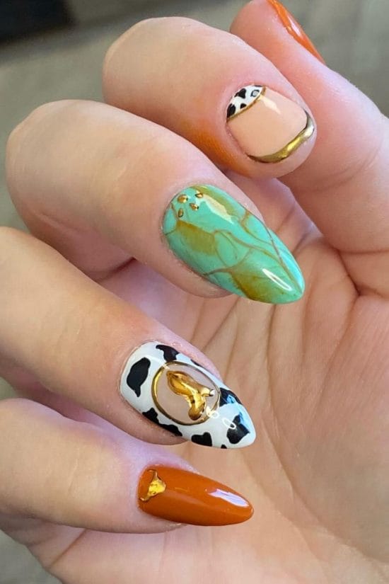 Medium Almond With Cow Print And Turquoise Marble, Close-Up Take — Easy Western Nails