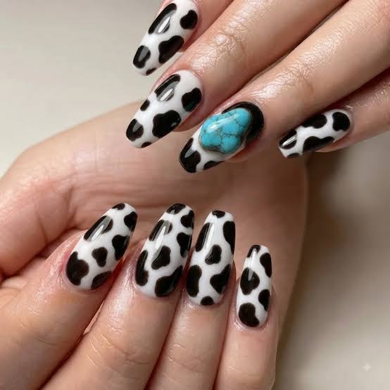 Long Coffin Black And White Cow Print With Turquoise — Easy Western Nails