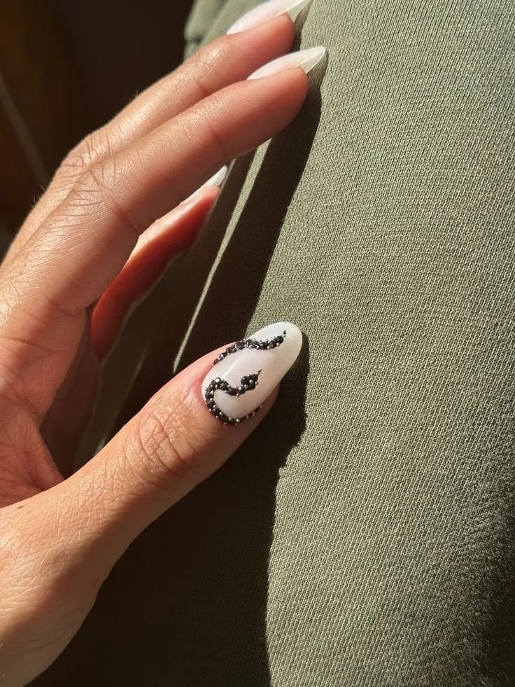 Medium Almond White With Black Rhinestone Snake — Easy Western Nails