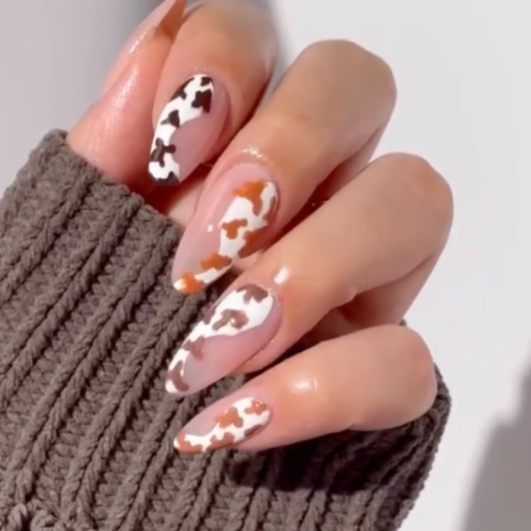 Long Almond Sheer Pink With Brown Cow Print — Easy Western Nails