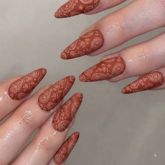 Long Almond Matte Paisley Pattern Nails — Easy Western Nails