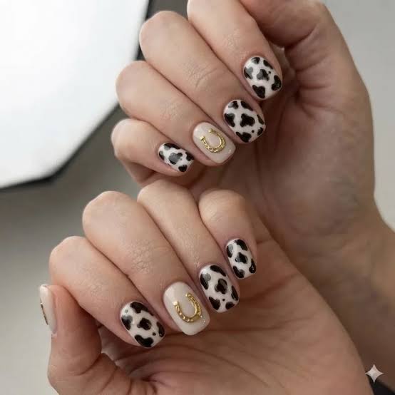 Short Oval Beige Nails With Gold Horseshoe — Easy Western Nails