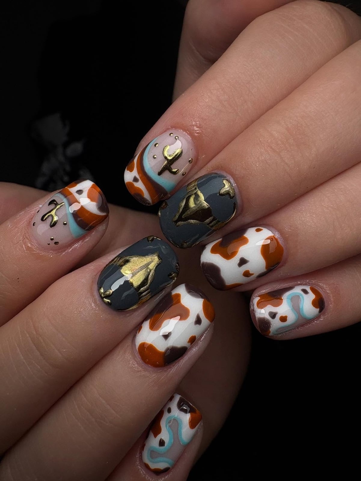 Short Almond Orange Cow Print With Gold Accents — Easy Western Nails