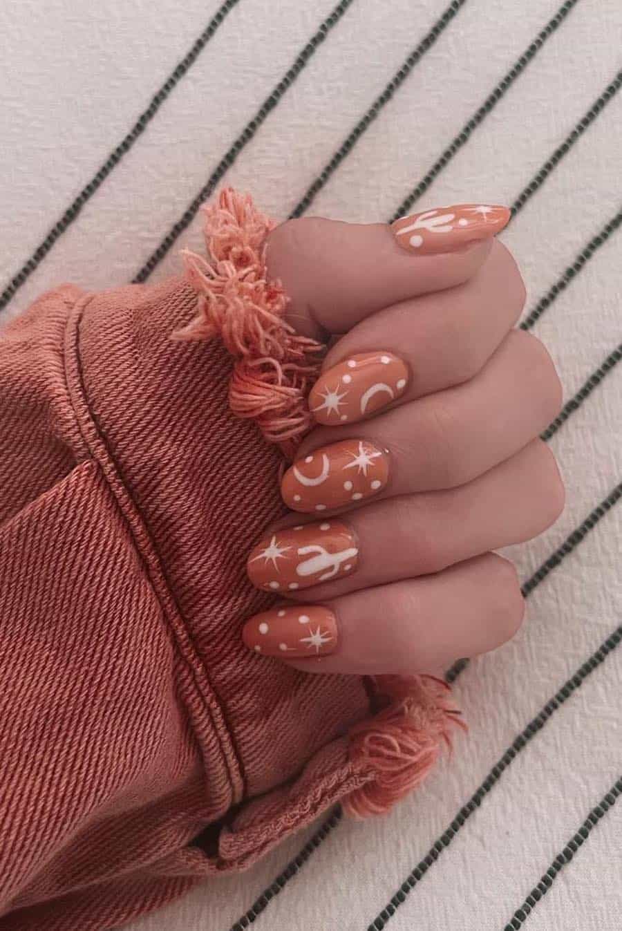Medium Oval Terracotta Orange With White Graphics — Easy Western Nails
