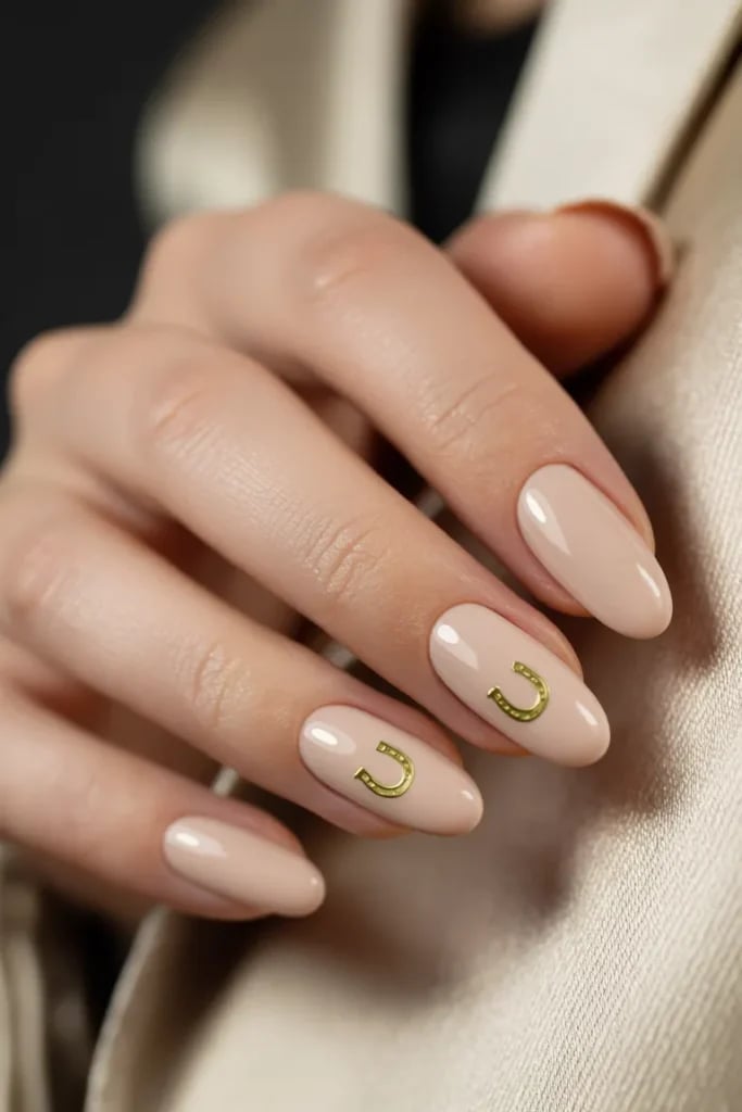 Medium Oval Beige Nails With Gold Horseshoe Charms — Easy Western Nails