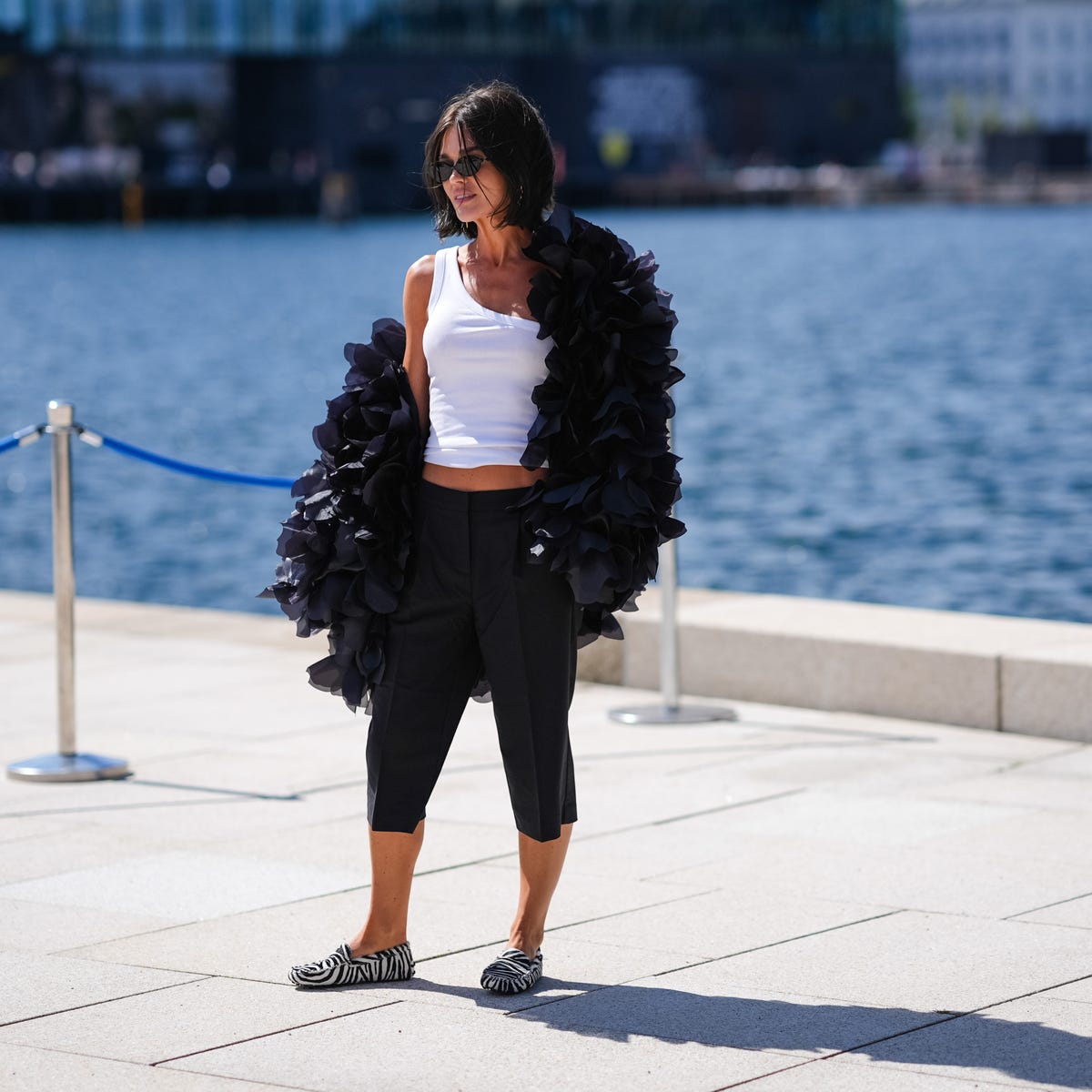 Black Capris with Ruffled Jacket and Striped Loafers Black Capris with Ruffled Jacket and Striped Loafers — Elegant Black Capri Pants Outfit