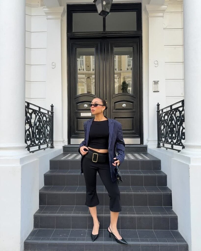 Black Capris with Pinstripe Blazer and Black Heels Black Capris with Pinstripe Blazer and Black Heels — Elegant Black Capri Pants Outfit