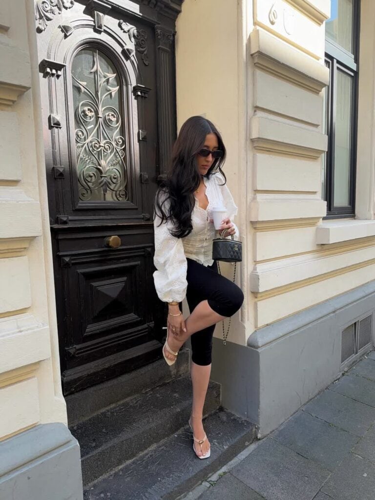 Black Capris with White Statement Blouse and White Sandals Black Capris with White Statement Blouse and White Sandals — Elegant Black Capri Pants Outfit