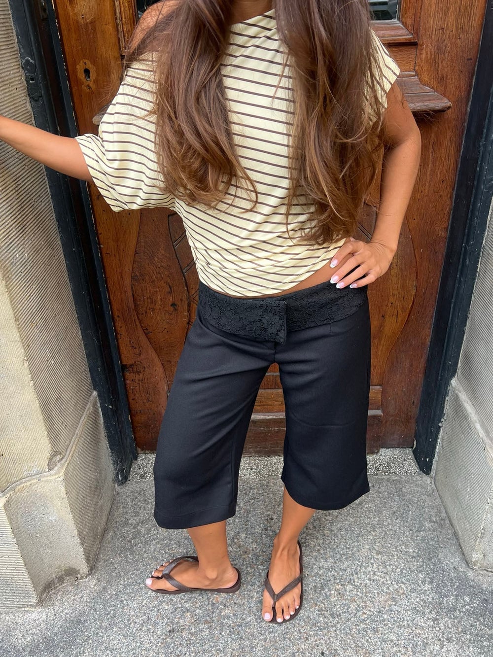 Black Capris with Lace Trim and Off-The-Shoulder Top Black Capris with Lace Trim and Off-The-Shoulder Top — Elegant Black Capri Pants Outfit