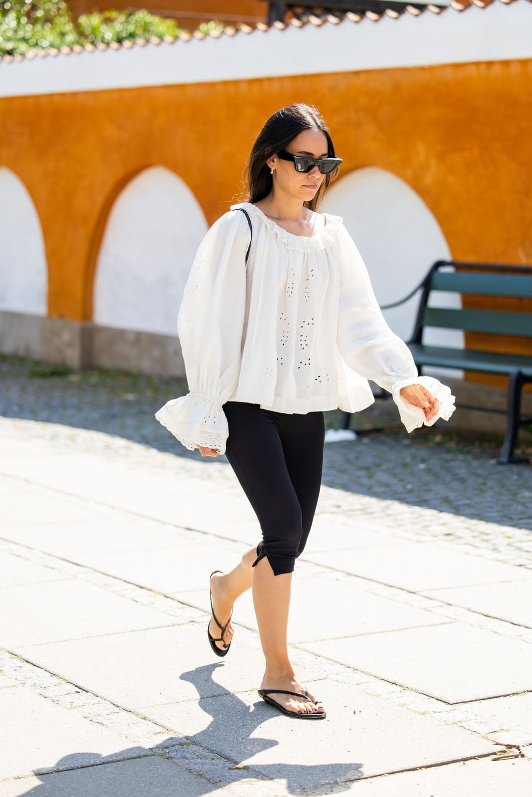 Black Capris with Voluminous White Eyelet Blouse Black Capris with Voluminous White Eyelet Blouse — Elegant Black Capri Pants Outfit