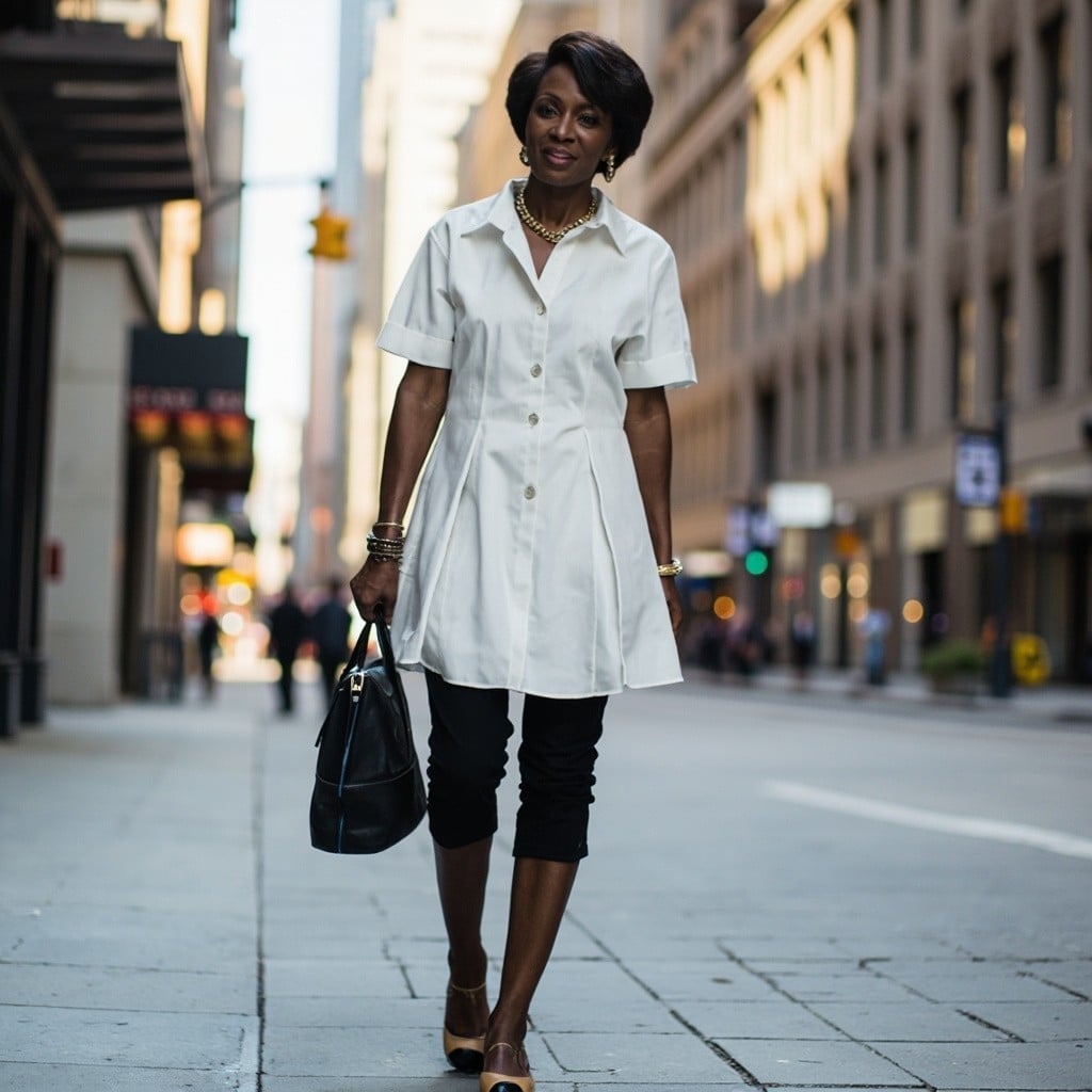 Black Capris with Pleated Shirt Dress and Cap-Toe Shoes Black Capris with Pleated Shirt Dress and Cap-Toe Shoes — Elegant Black Capri Pants Outfit
