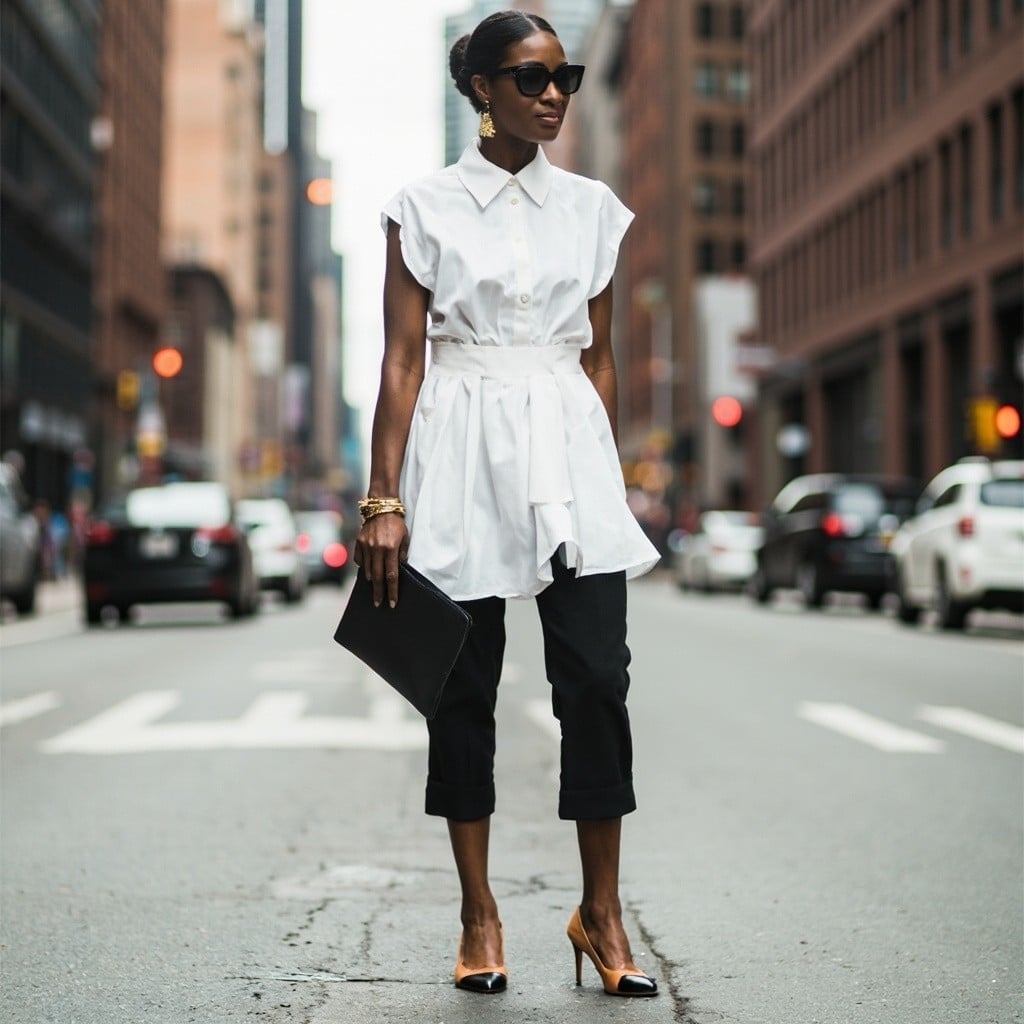 Black Capris with Belted White Shirt and Two-Tone Heels Black Capris with Belted White Shirt and Two-Tone Heels — Elegant Black Capri Pants Outfit