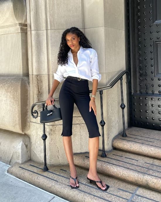 Black Capris with Split Hem and White Button-Down Shirt Black Capris with Split Hem and White Button-Down Shirt — Elegant Black Capri Pants Outfit
