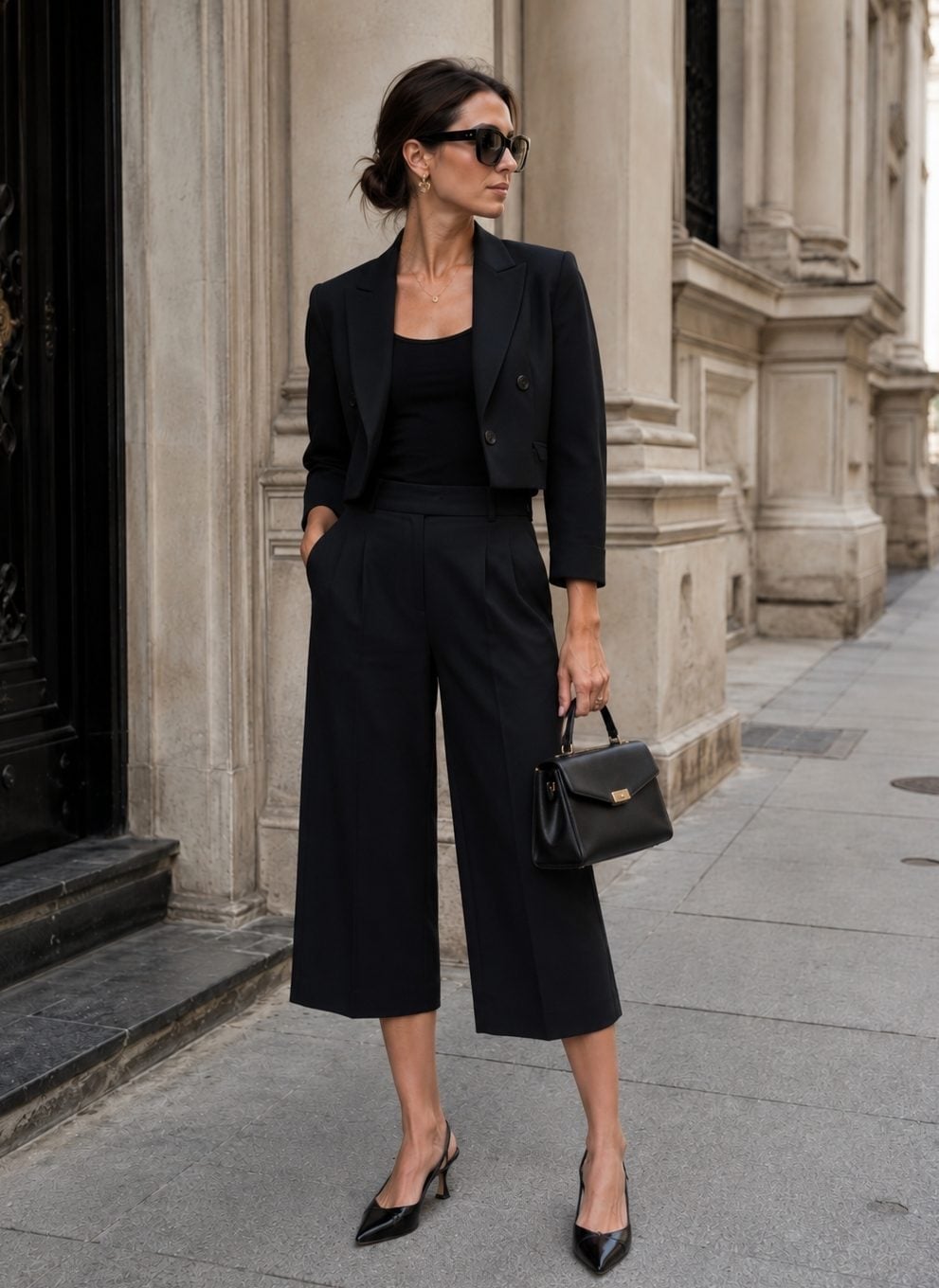Black Capris with Cropped Blazer and Tank Top Black Capris with Cropped Blazer and Tank Top — Elegant Black Capri Pants Outfit