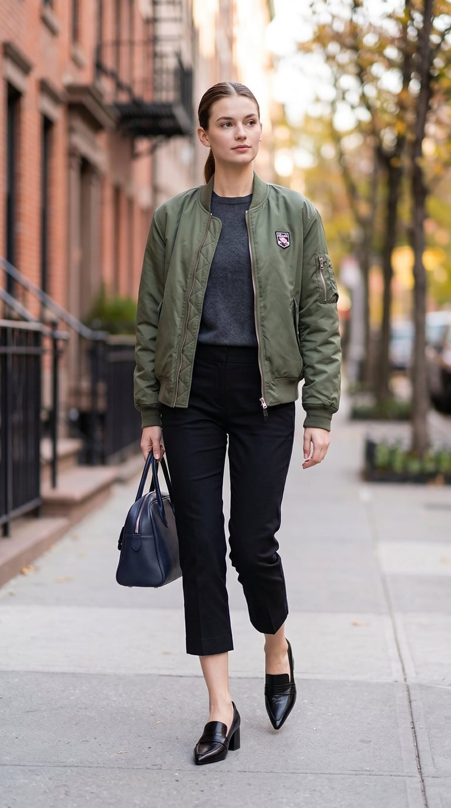 Black Capris with Gray Sweater and Olive Bomber Jacket Black Capris with Gray Sweater and Olive Bomber Jacket — Elegant Black Capri Pants Outfit