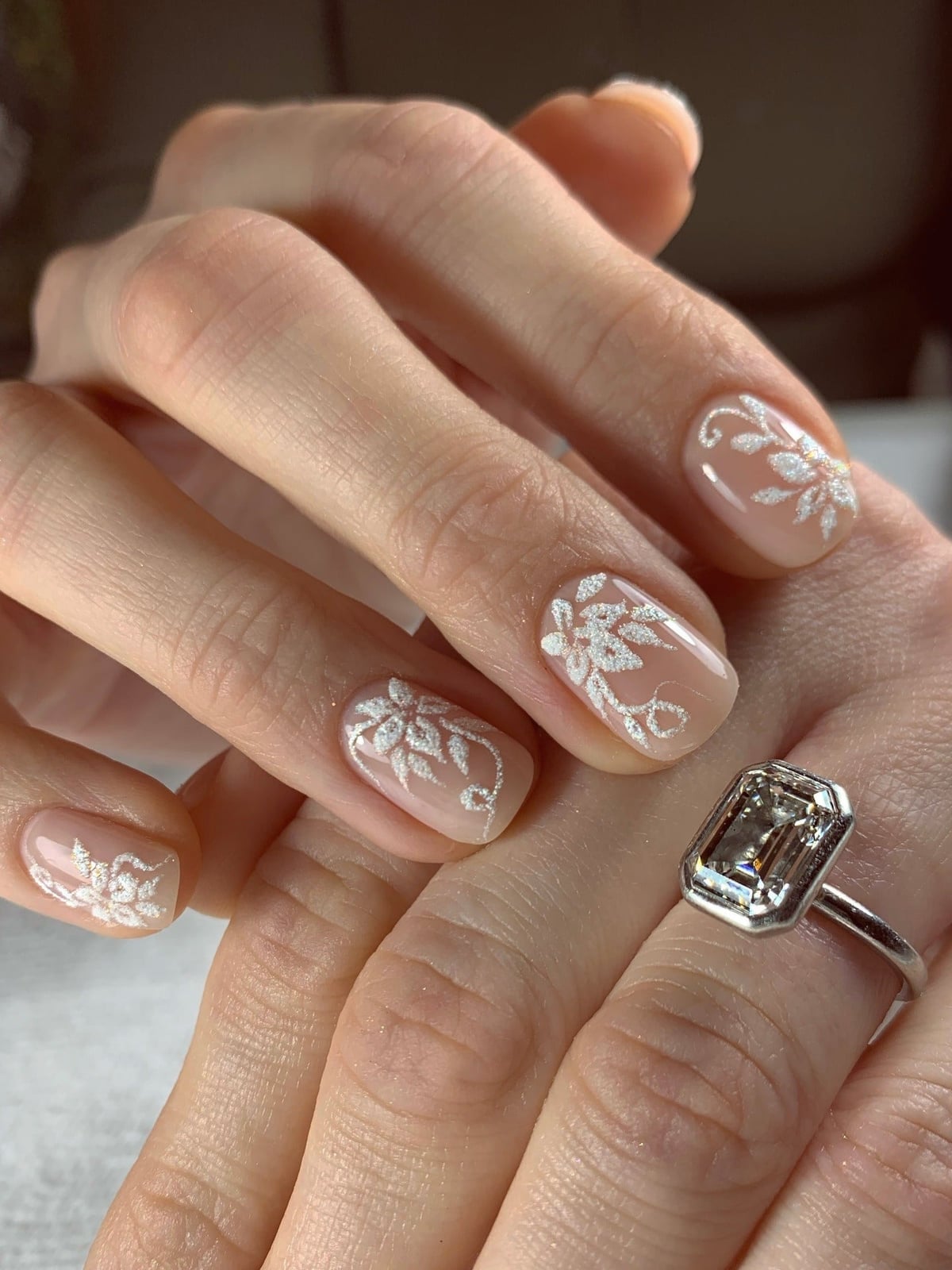 Short Square White Floral Lace Glossy Nails — Elegant Bridal Nails